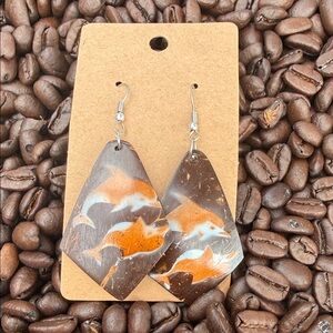 Handmade Brown Coconut Shell Earrings with Orange Accent
